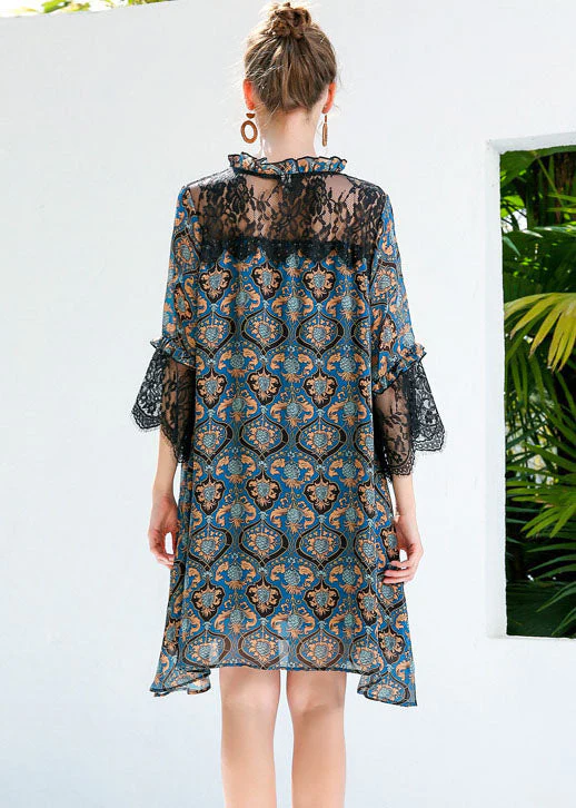 Women Blue Print Ruffled Lace Patchwork Hollow Out Chiffon Dresses Summer - Image 5
