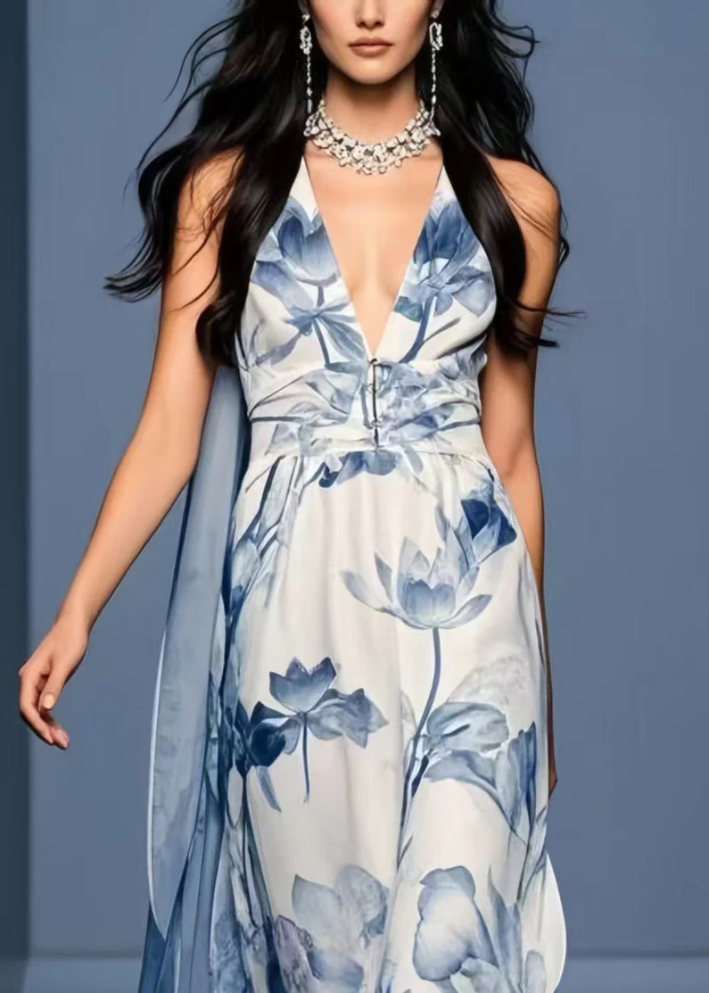 Women Blue Print Side Open Chiffon Sundresses Sleeveless - Image 2