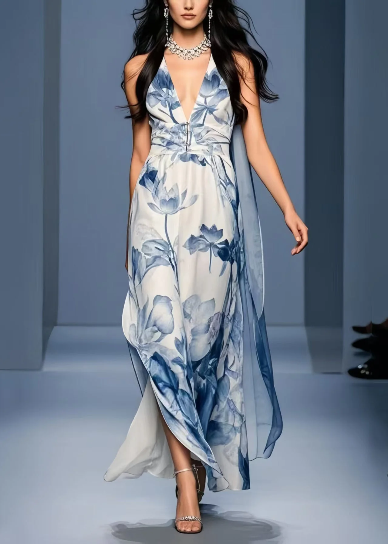 Women Blue Print Side Open Chiffon Sundresses Sleeveless - Image 3