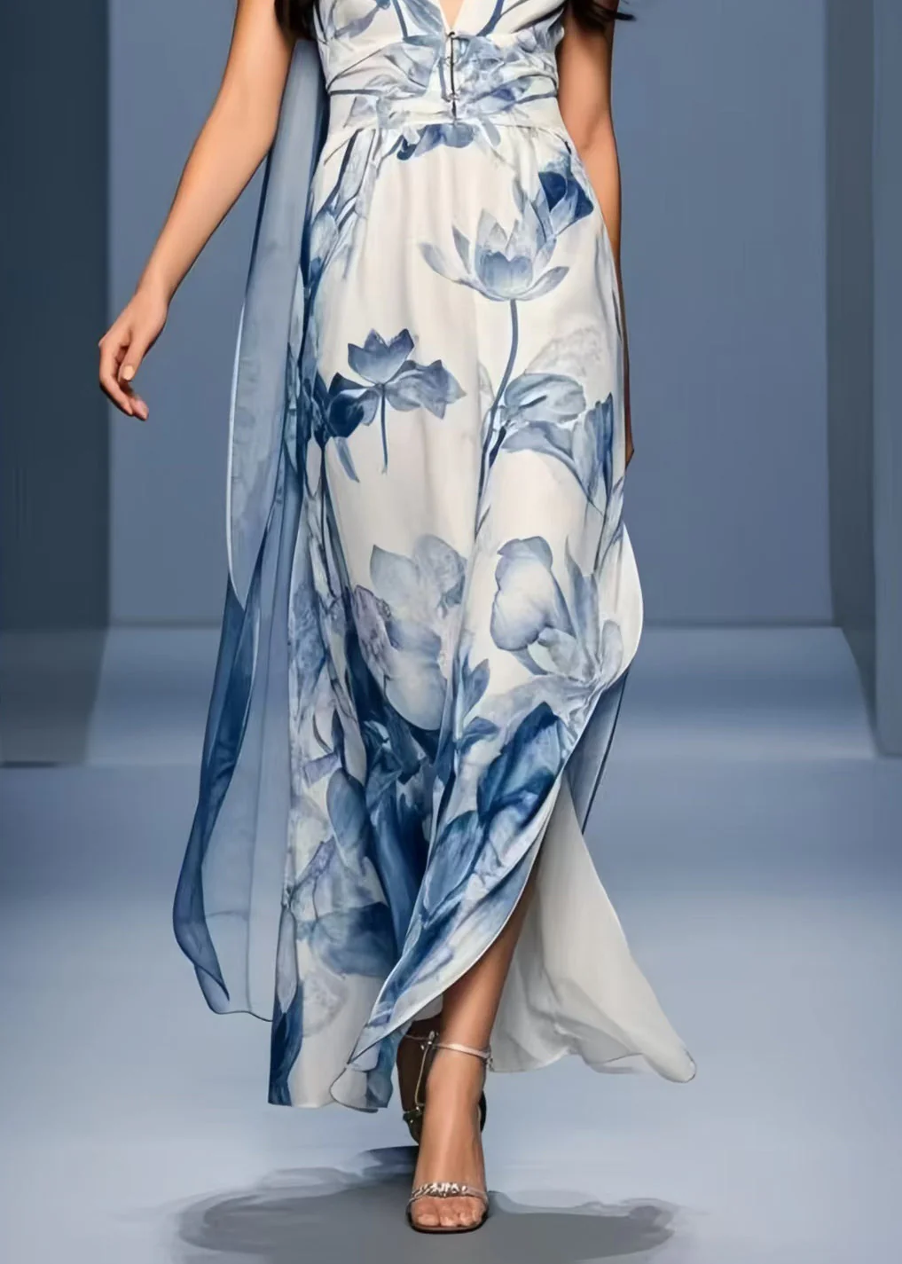 Women Blue Print Side Open Chiffon Sundresses Sleeveless - Image 4