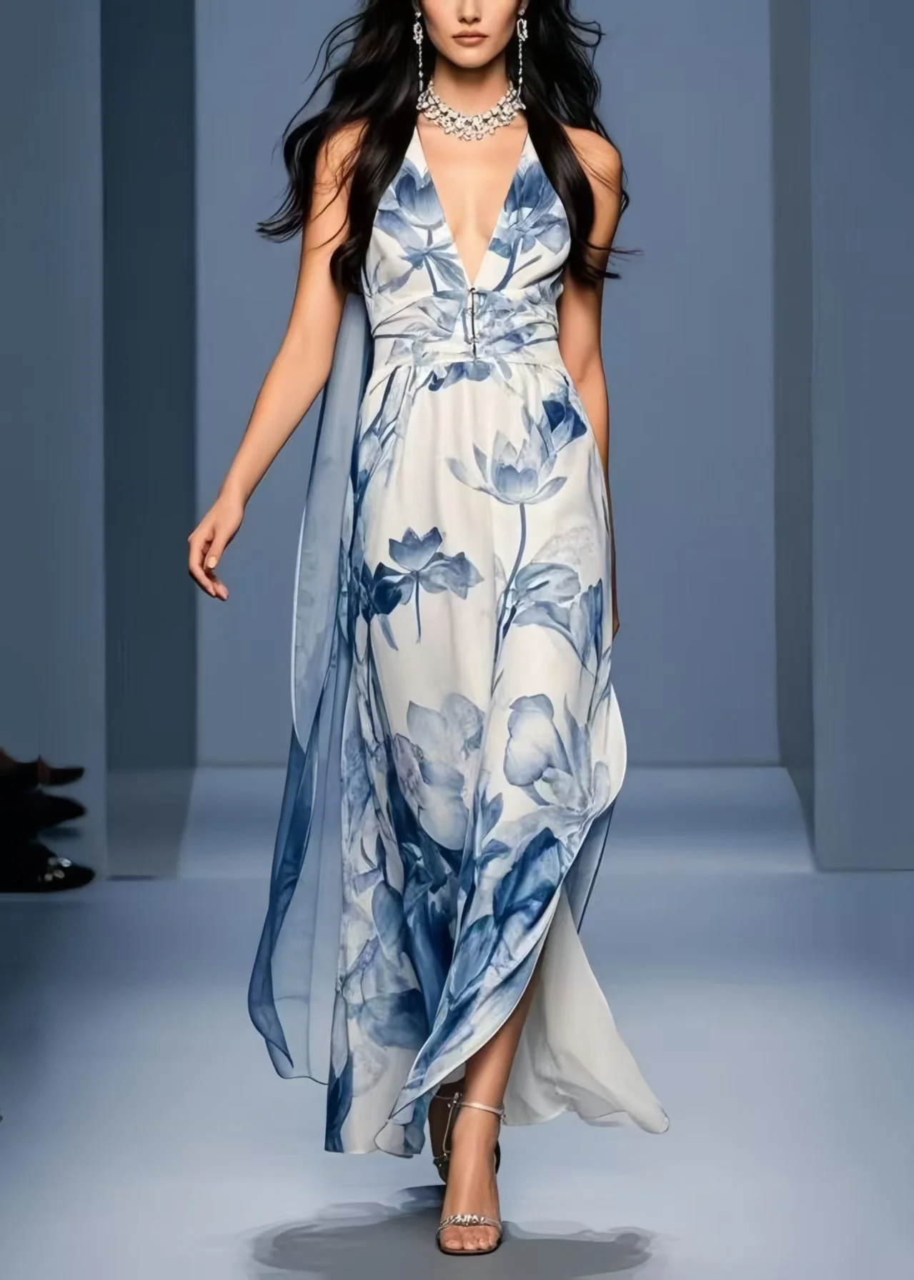 Women Blue Print Side Open Chiffon Sundresses Sleeveless - Image 5