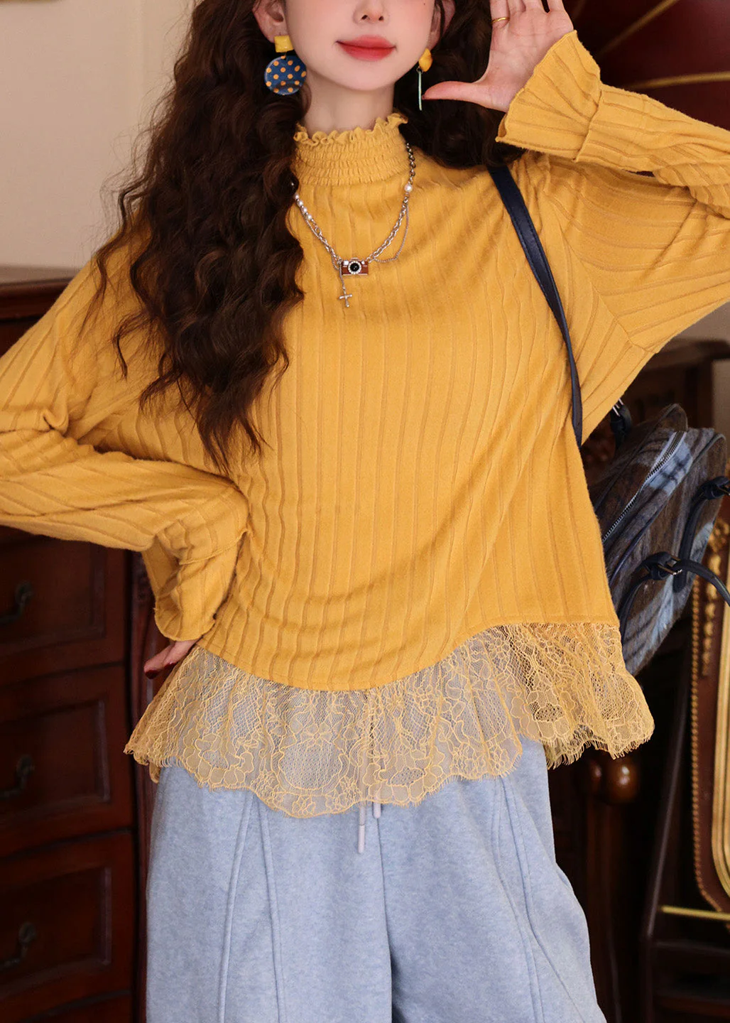 Women Blue Ruffled Lace Patchwork Knit Top Spring - Image 3