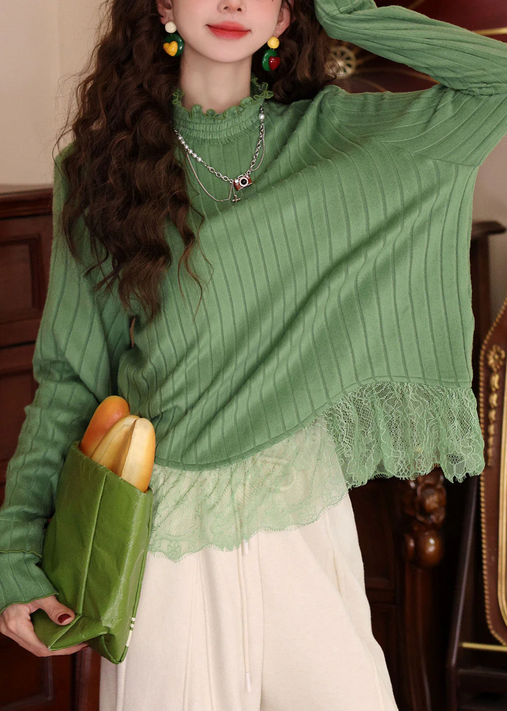 Women Blue Ruffled Lace Patchwork Knit Top Spring - Image 4