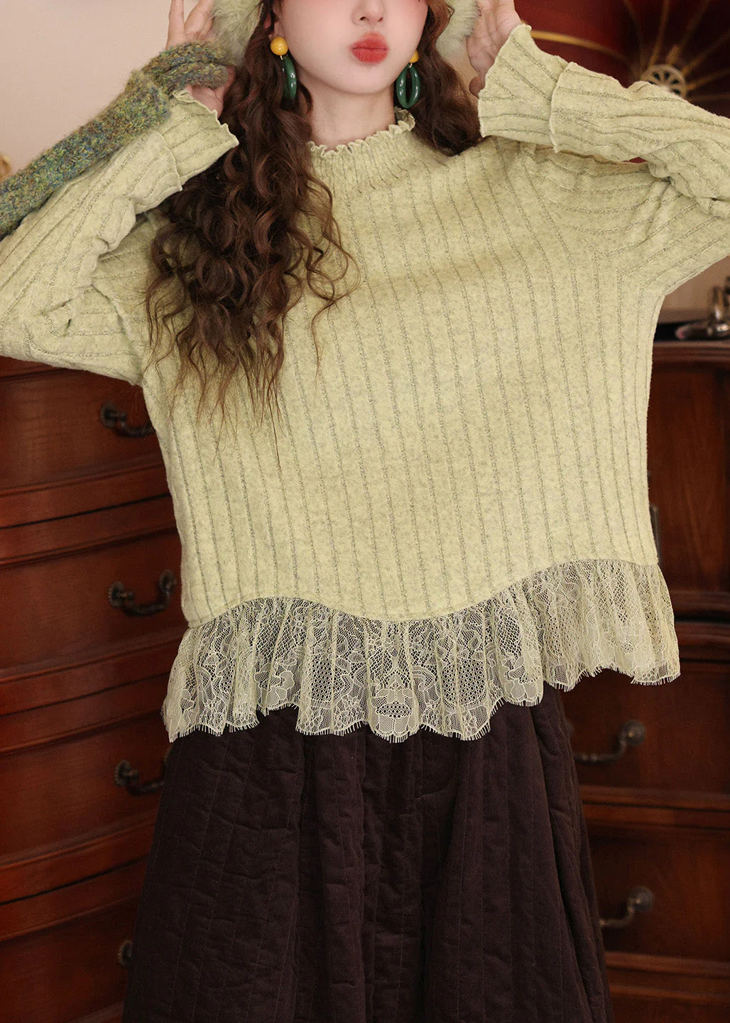 Women Blue Ruffled Lace Patchwork Knit Top Spring - Image 5