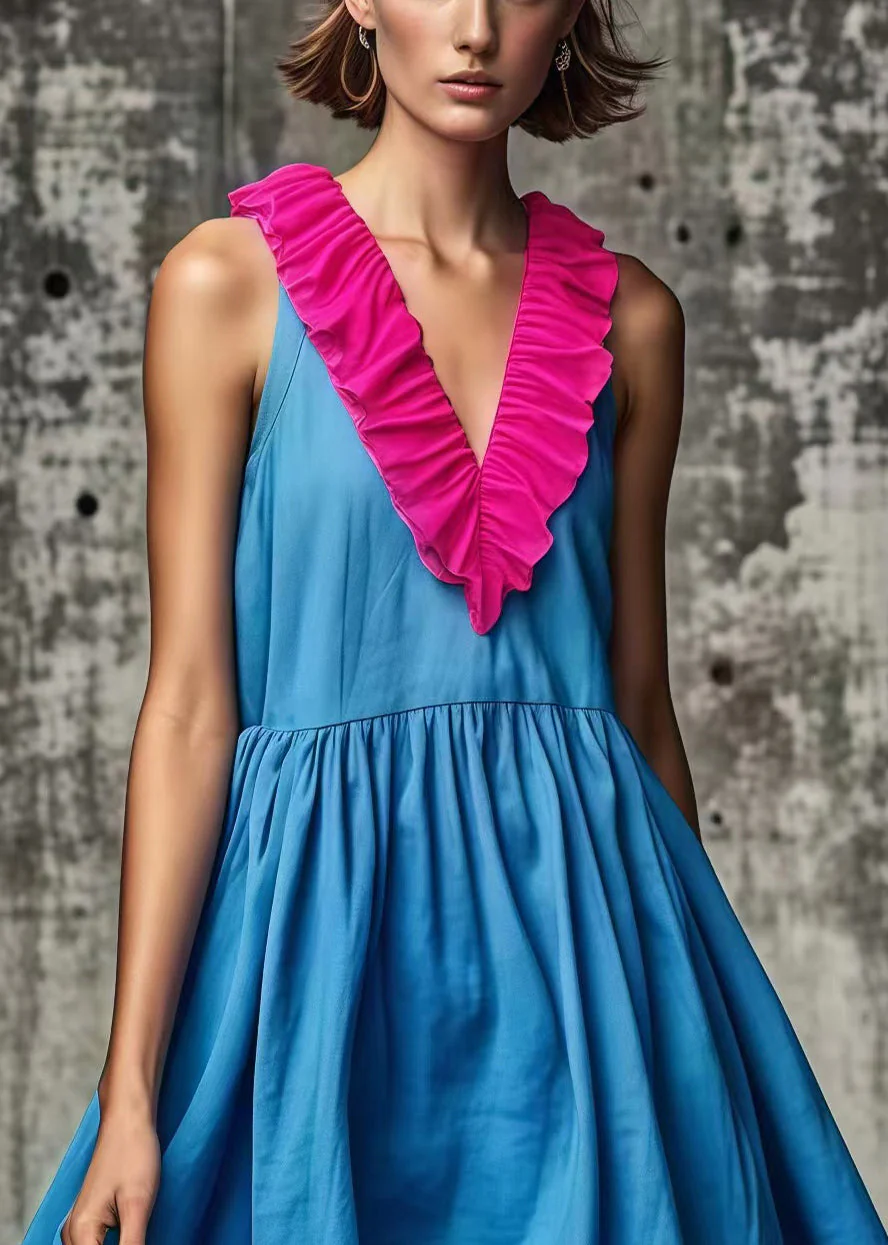 Women Blue Ruffled Patchwork Cotton Mid Dress Summer - Image 2