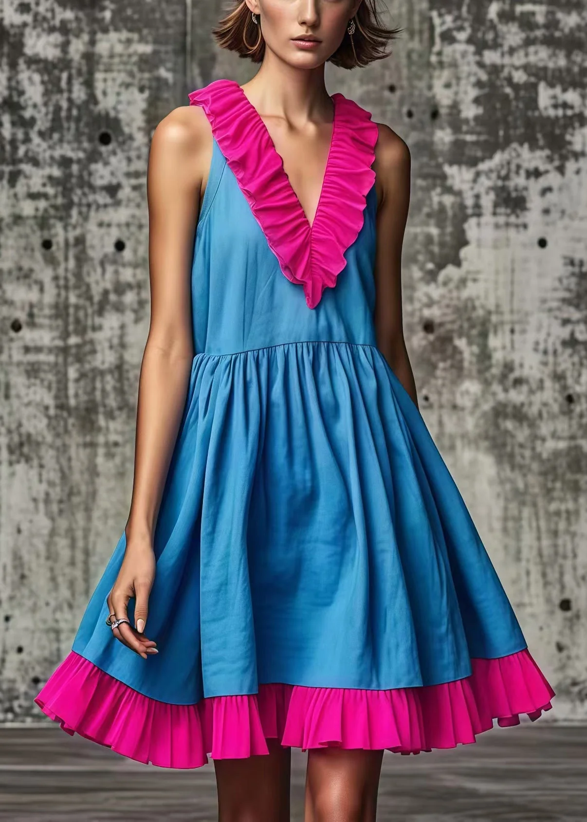 Women Blue Ruffled Patchwork Cotton Mid Dress Summer - Image 3