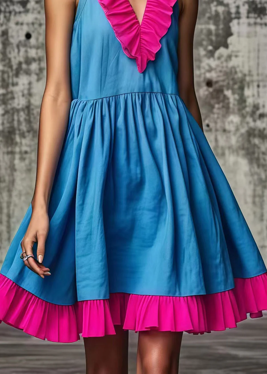 Women Blue Ruffled Patchwork Cotton Mid Dress Summer - Image 4