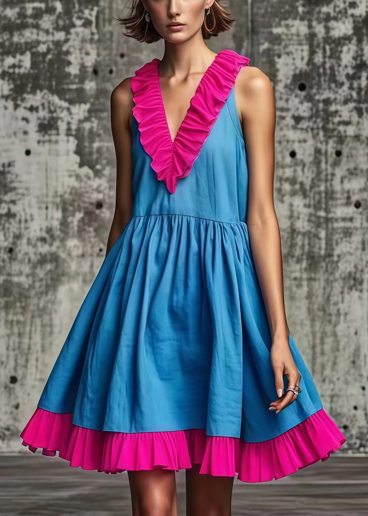 Women Blue Ruffled Patchwork Cotton Mid Dress Summer - Image 5
