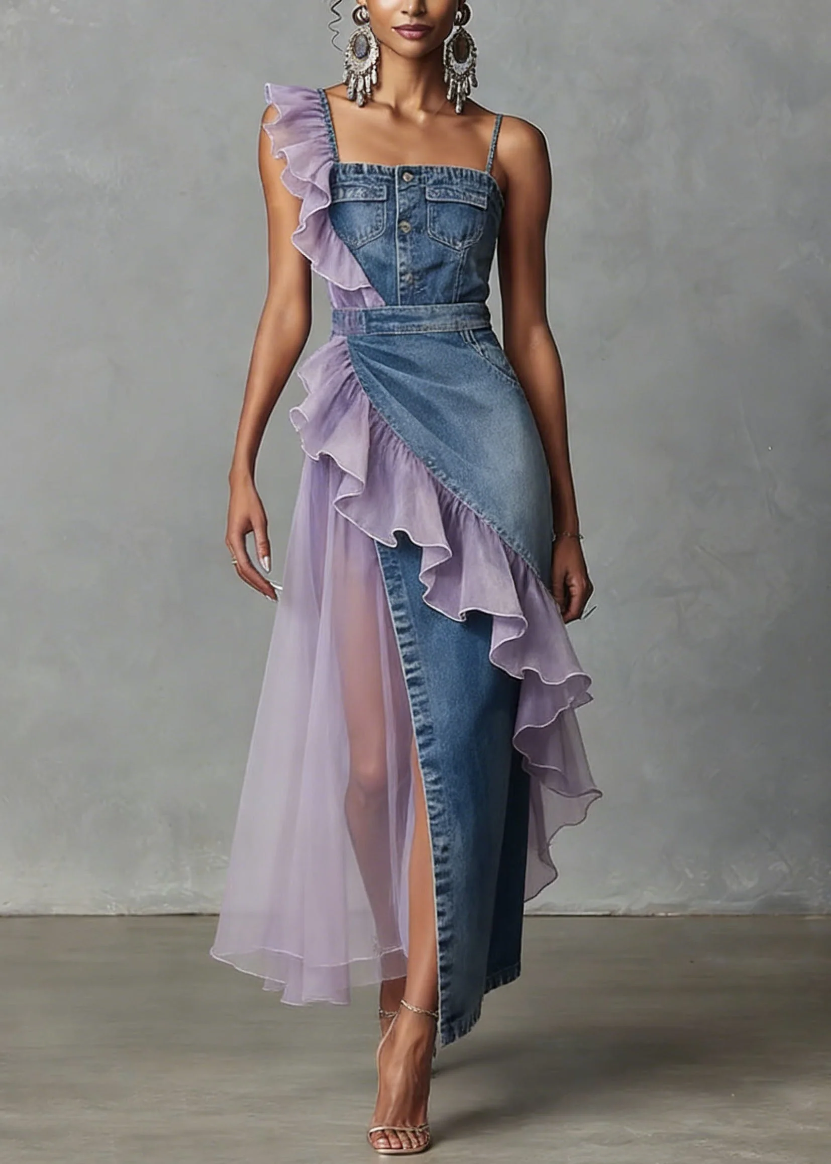 Women Blue Ruffled Patchwork Denim Spaghetti Strap Dress Summer - Image 3