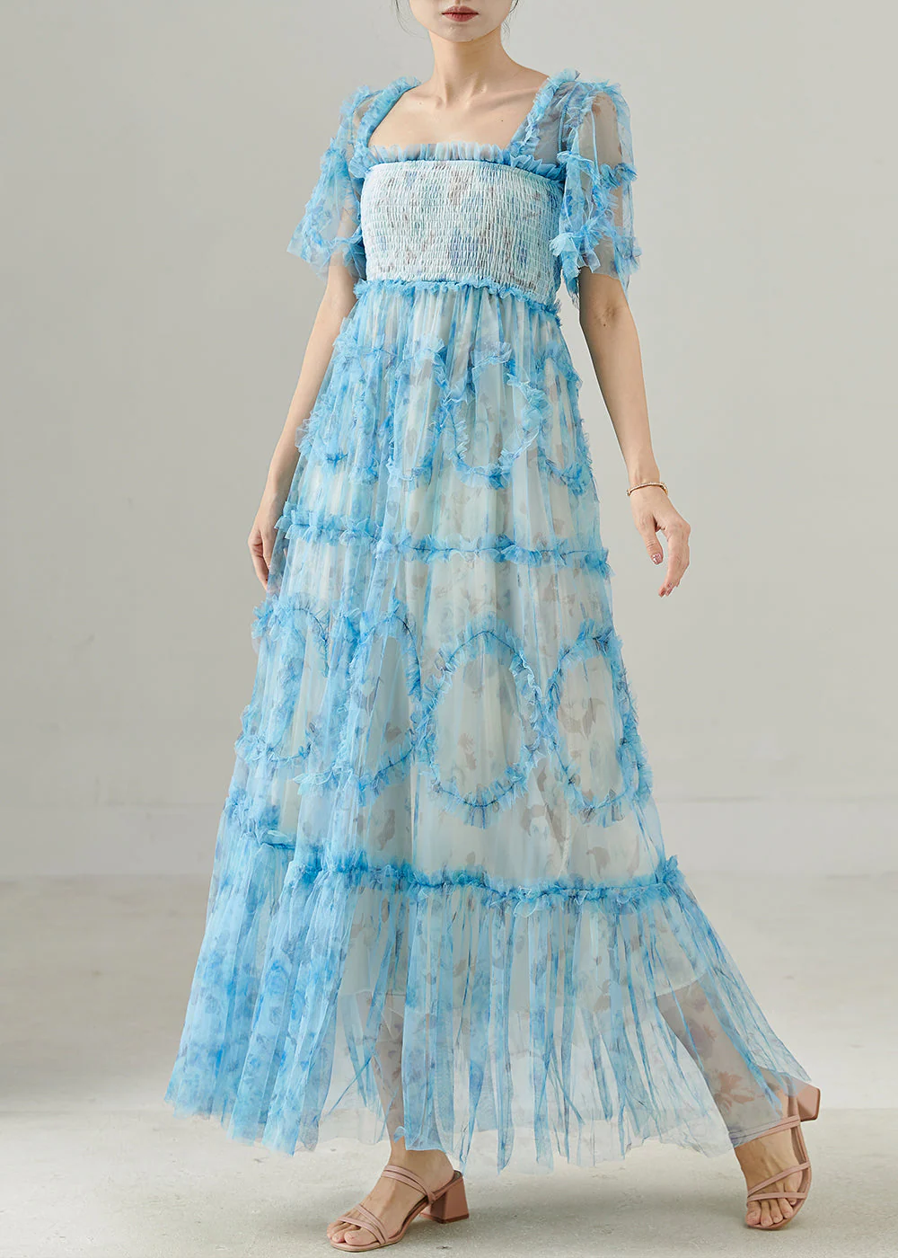 Women Blue Ruffled Patchwork Tulle Dresses Summer - Image 2