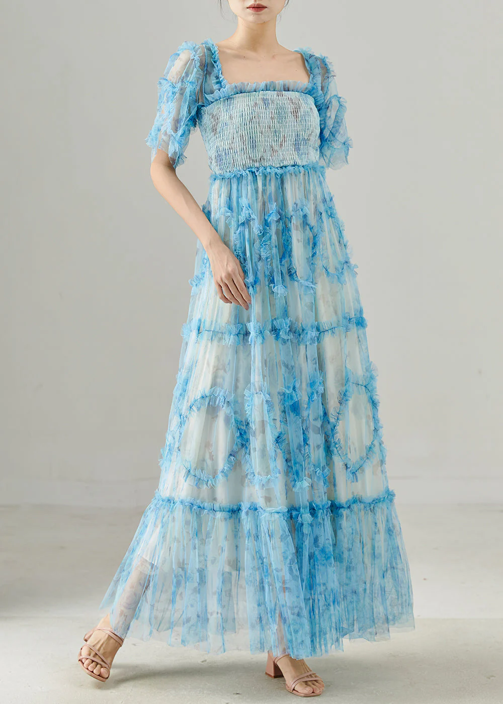 Women Blue Ruffled Patchwork Tulle Dresses Summer - Image 3