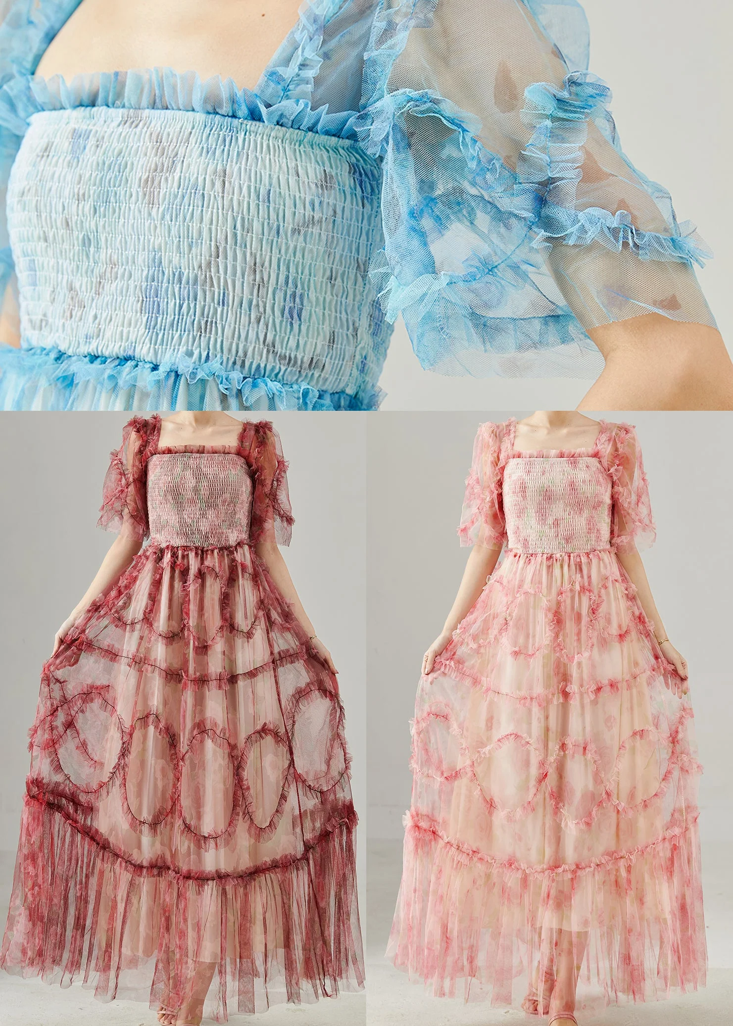Women Blue Ruffled Patchwork Tulle Dresses Summer - Image 5