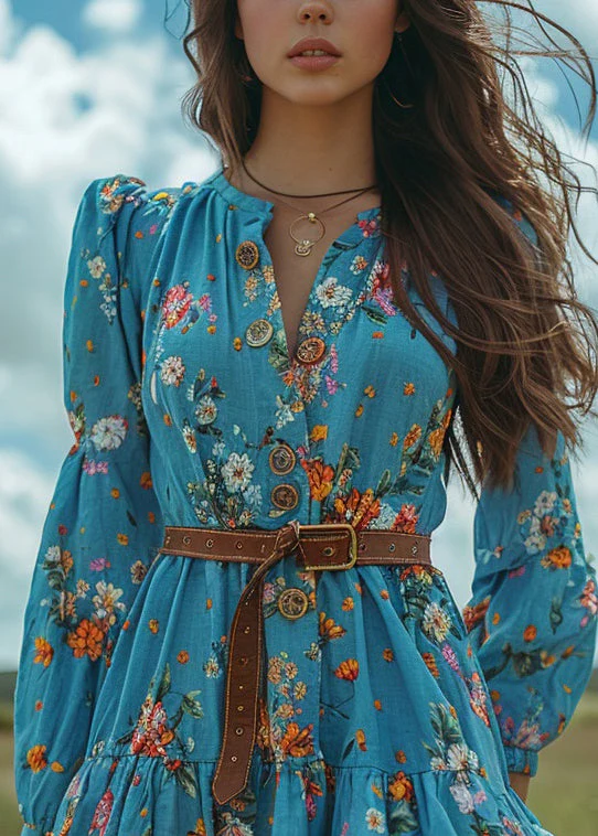 Women Blue Ruffled Print Button Cotton Short Dresses Spring - Image 2