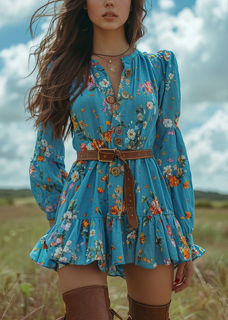 Women Blue Ruffled Print Button Cotton Short Dresses Spring - Image 3