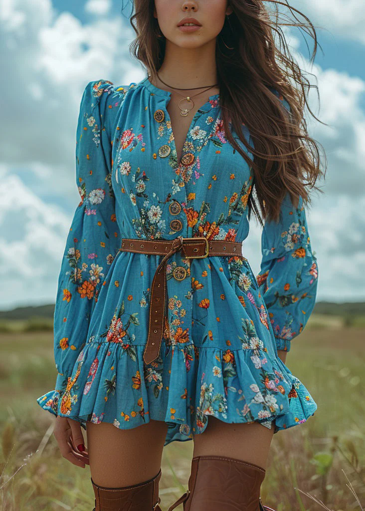 Women Blue Ruffled Print Button Cotton Short Dresses Spring - Image 5