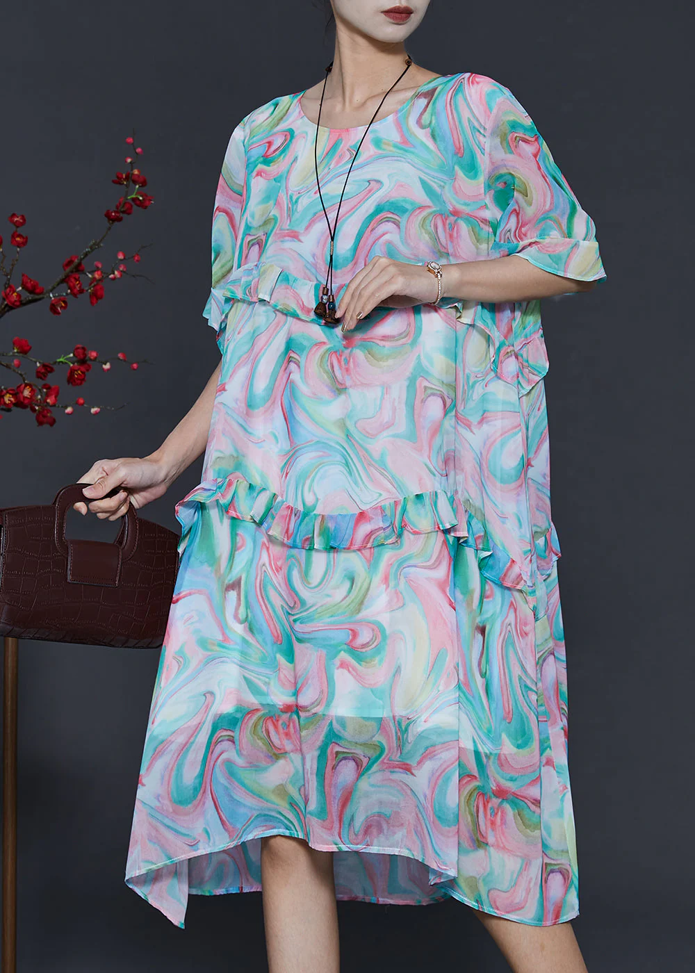 Women Blue Ruffled Print Chiffon Day Dresses Summer - Image 2