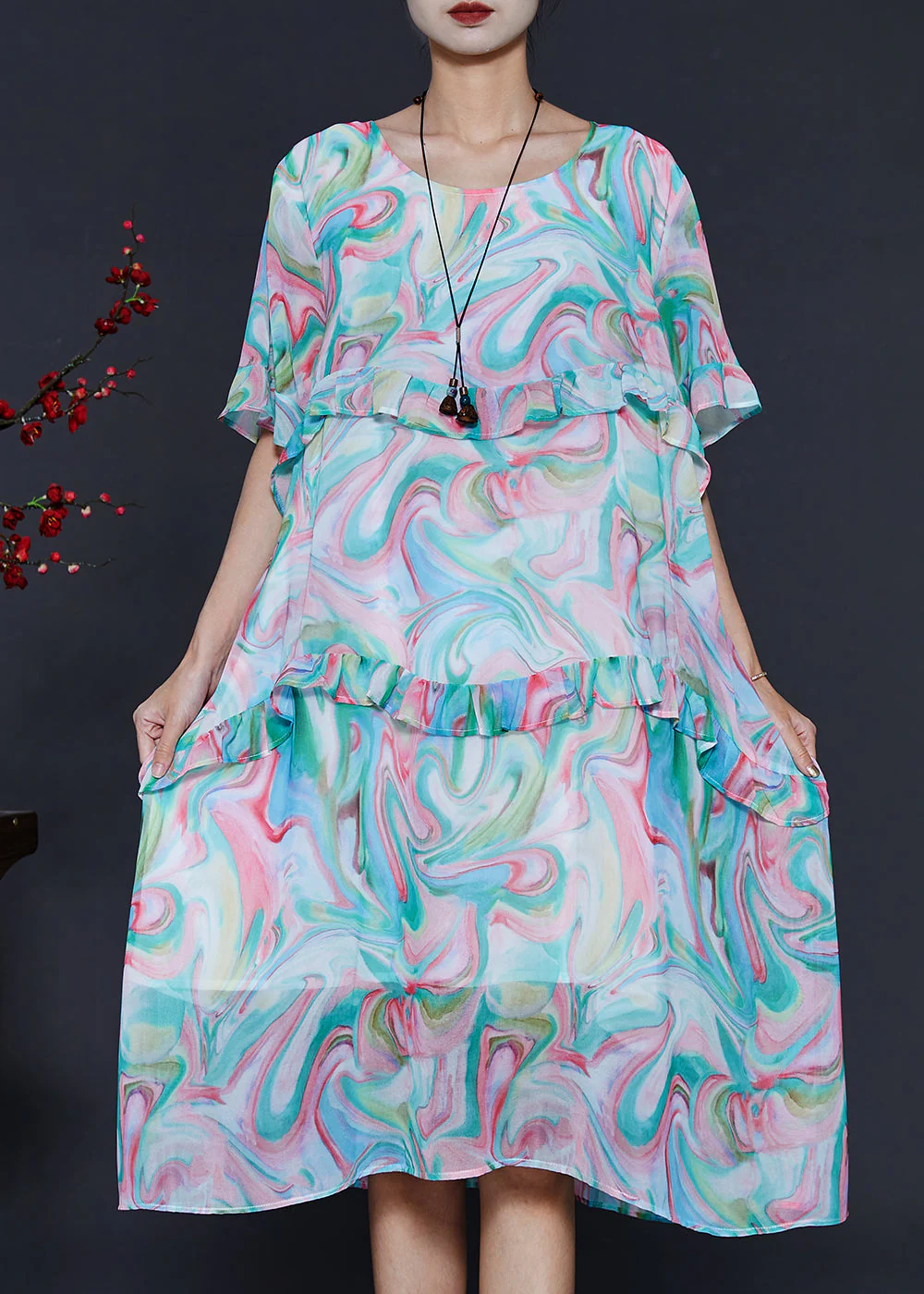 Women Blue Ruffled Print Chiffon Day Dresses Summer - Image 3