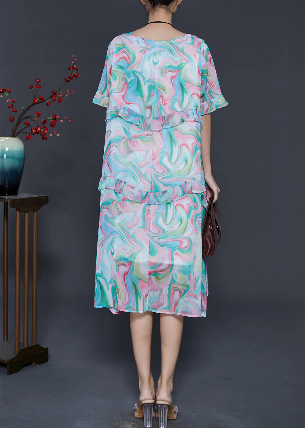 Women Blue Ruffled Print Chiffon Day Dresses Summer - Image 4