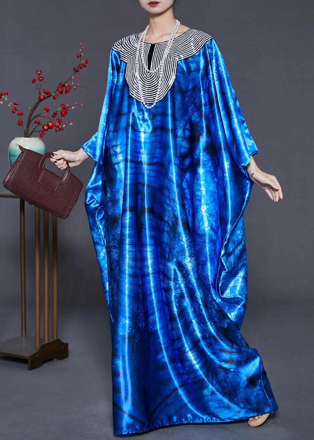 Women Blue Sequins Tie Dye Silk Holiday Dress Summer - Image 2