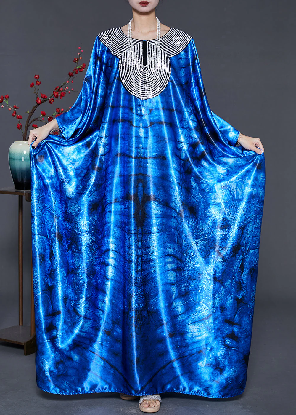Women Blue Sequins Tie Dye Silk Holiday Dress Summer - Image 3