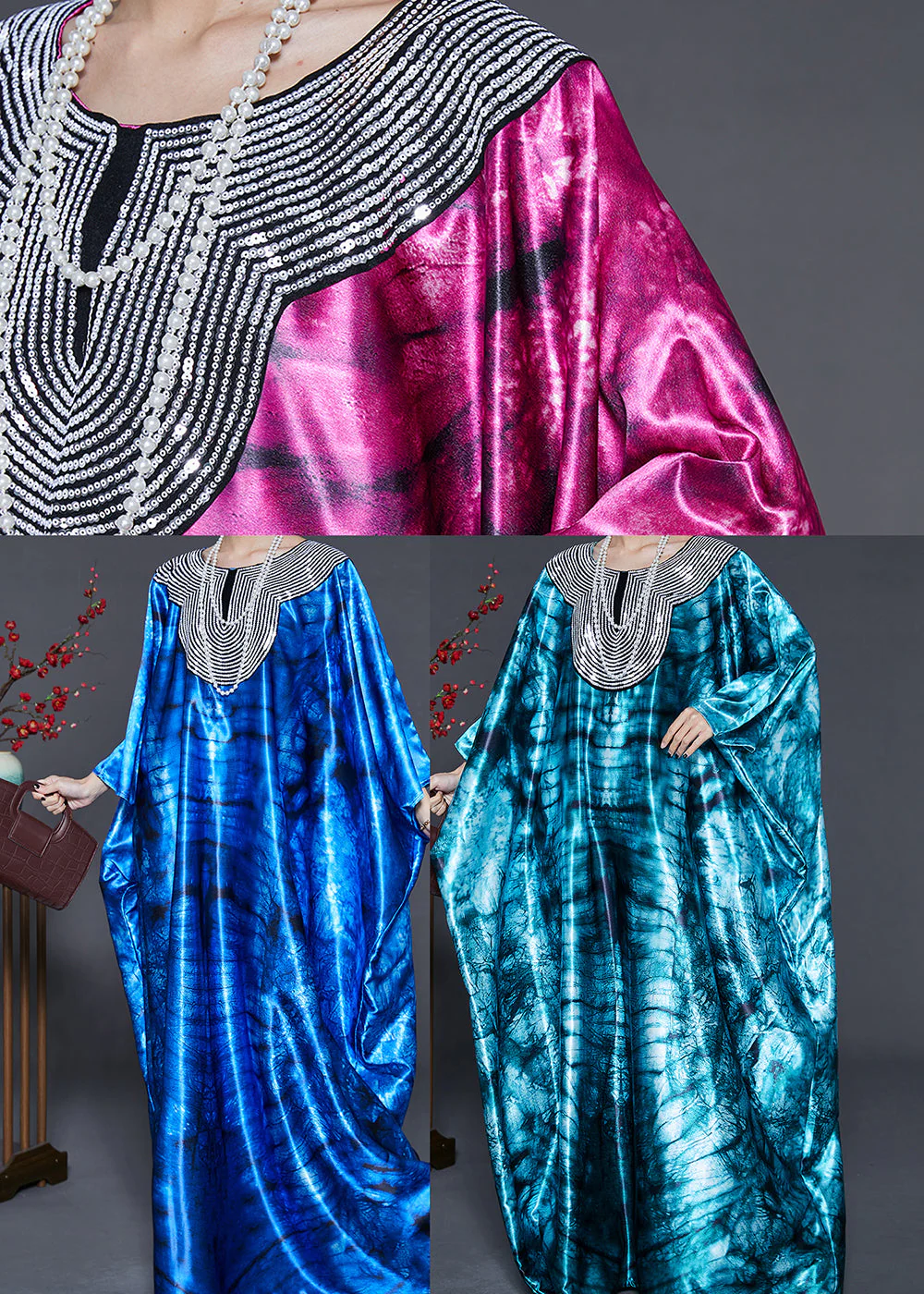 Women Blue Sequins Tie Dye Silk Holiday Dress Summer - Image 5