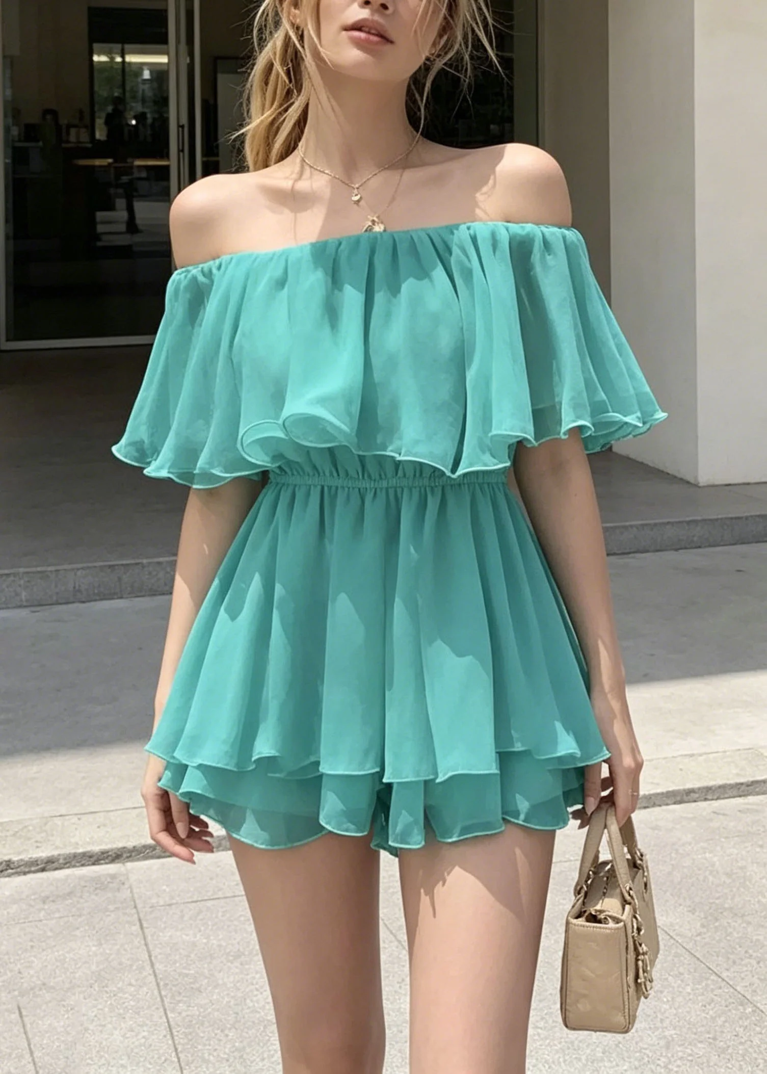 Women Blue Slash Neck Ruffled Patchwork Cotton Mini Dresses Summer - Image 3