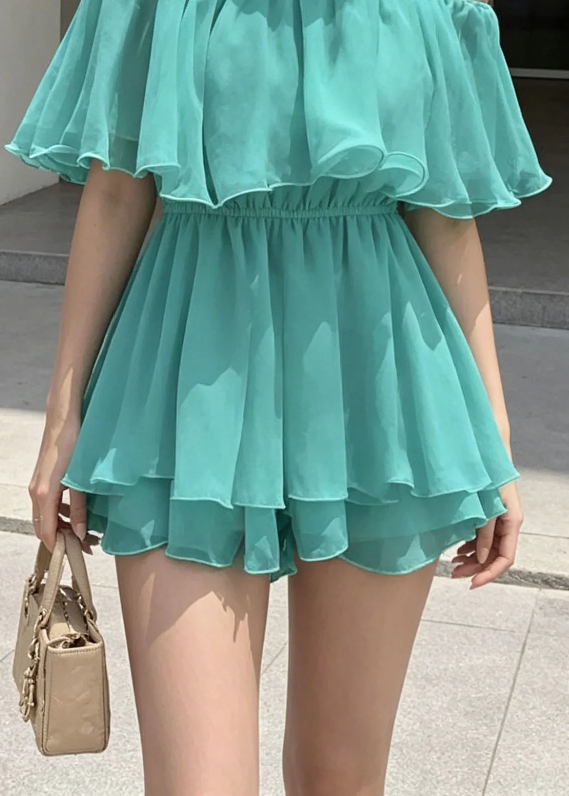 Women Blue Slash Neck Ruffled Patchwork Cotton Mini Dresses Summer - Image 4