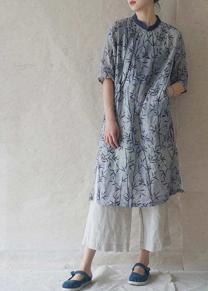 Women Blue Stand Collar side open print Patchwork Linen Dresses Three Quarter sleeve - Image 2
