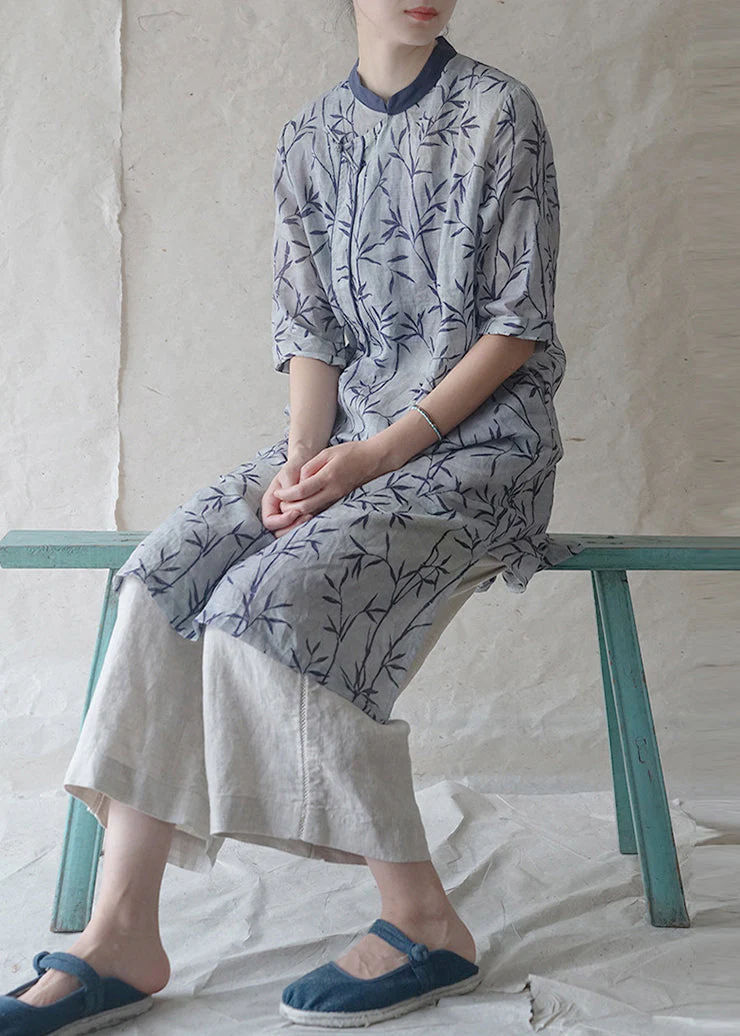 Women Blue Stand Collar side open print Patchwork Linen Dresses Three Quarter sleeve - Image 3