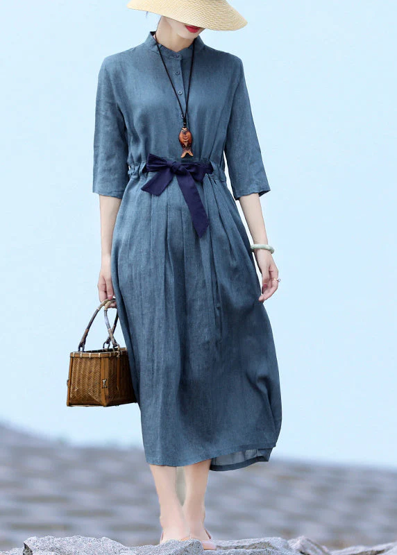 Women Blue Stand Collar Tie Waist Button Holiday Dresses Half Sleeve - Image 2