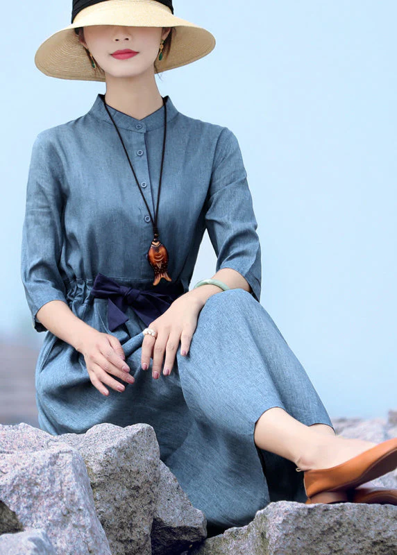 Women Blue Stand Collar Tie Waist Button Holiday Dresses Half Sleeve - Image 3