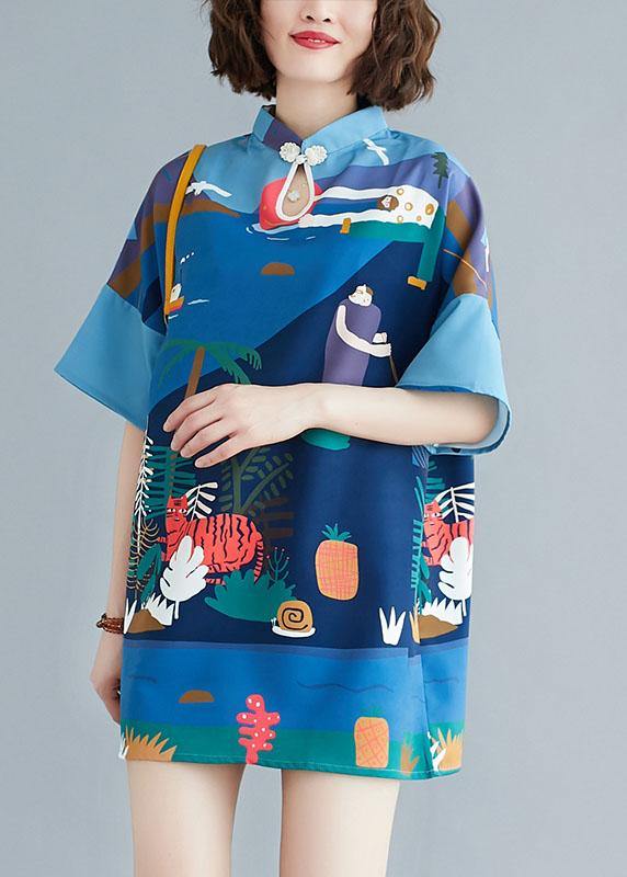 Women Blue Stand Print Shift Dresses Summer