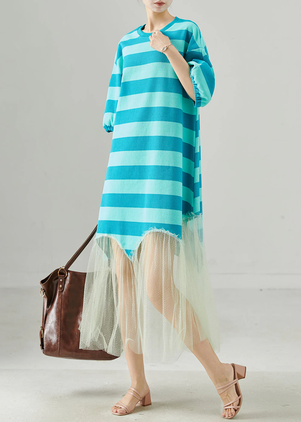 Women Blue Striped Patchwork Tull Robe Dresses Summer - Image 2