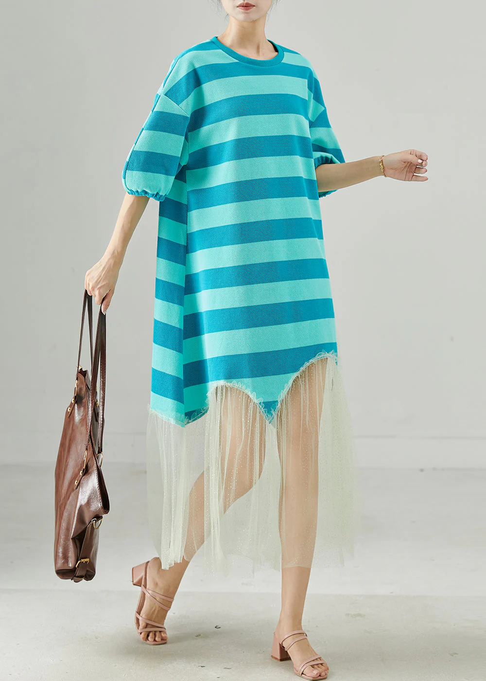 Women Blue Striped Patchwork Tull Robe Dresses Summer - Image 3
