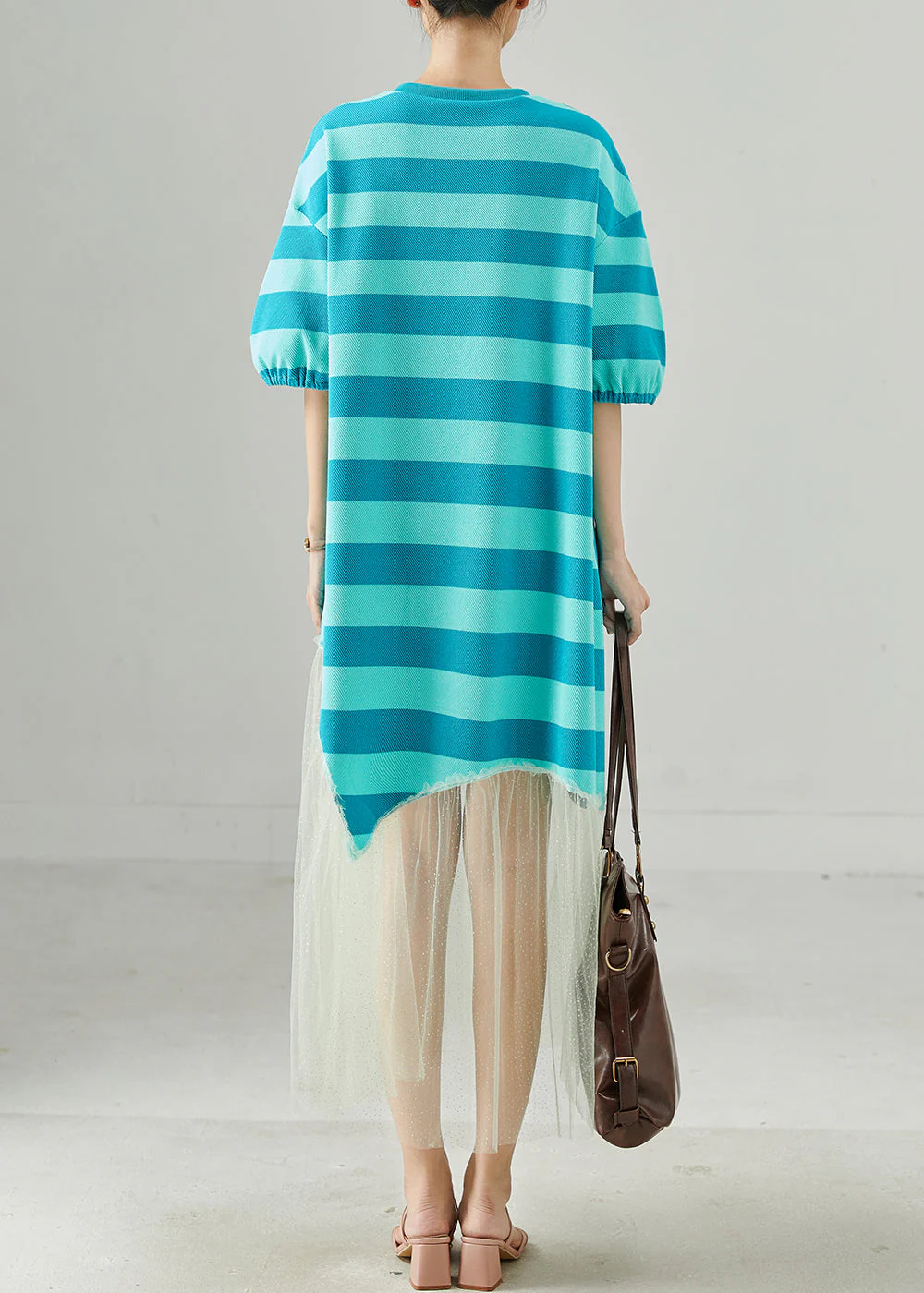 Women Blue Striped Patchwork Tull Robe Dresses Summer - Image 4