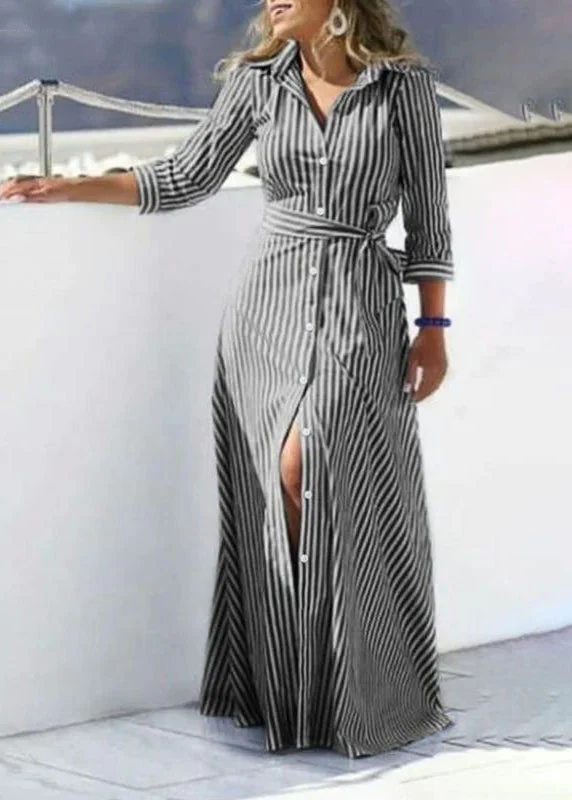 Women Blue Striped Tie Waist Cotton Shirt Dress Summer - Image 2