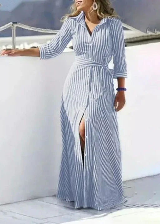 Women Blue Striped Tie Waist Cotton Shirt Dress Summer - Image 3