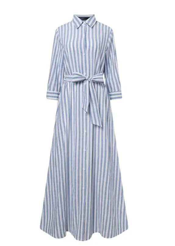 Women Blue Striped Tie Waist Cotton Shirt Dress Summer - Image 4