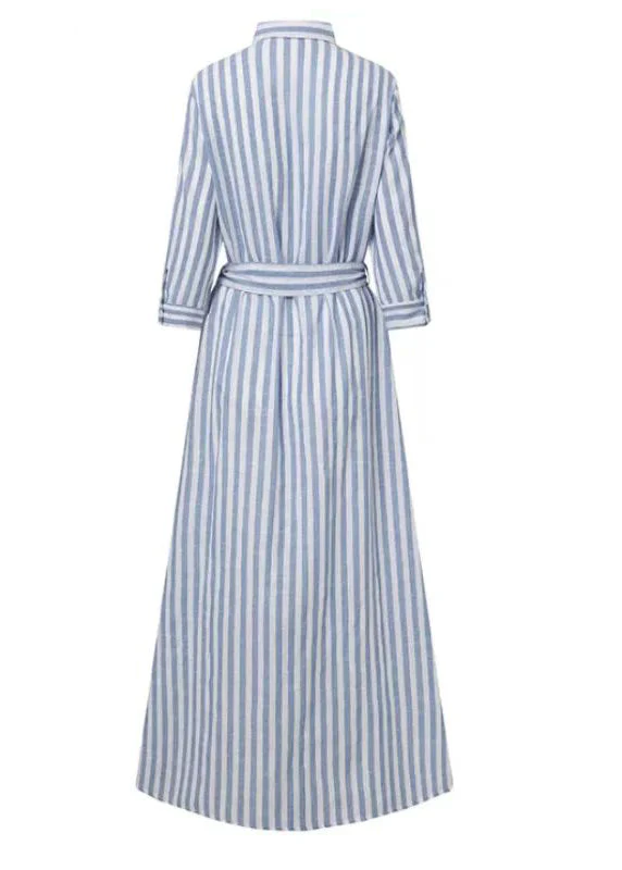 Women Blue Striped Tie Waist Cotton Shirt Dress Summer - Image 5