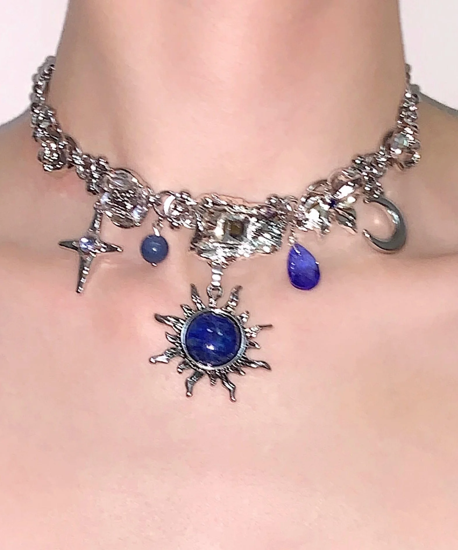 Women Blue Sun Zircon Moon Alloy Pendant Choker - Image 3