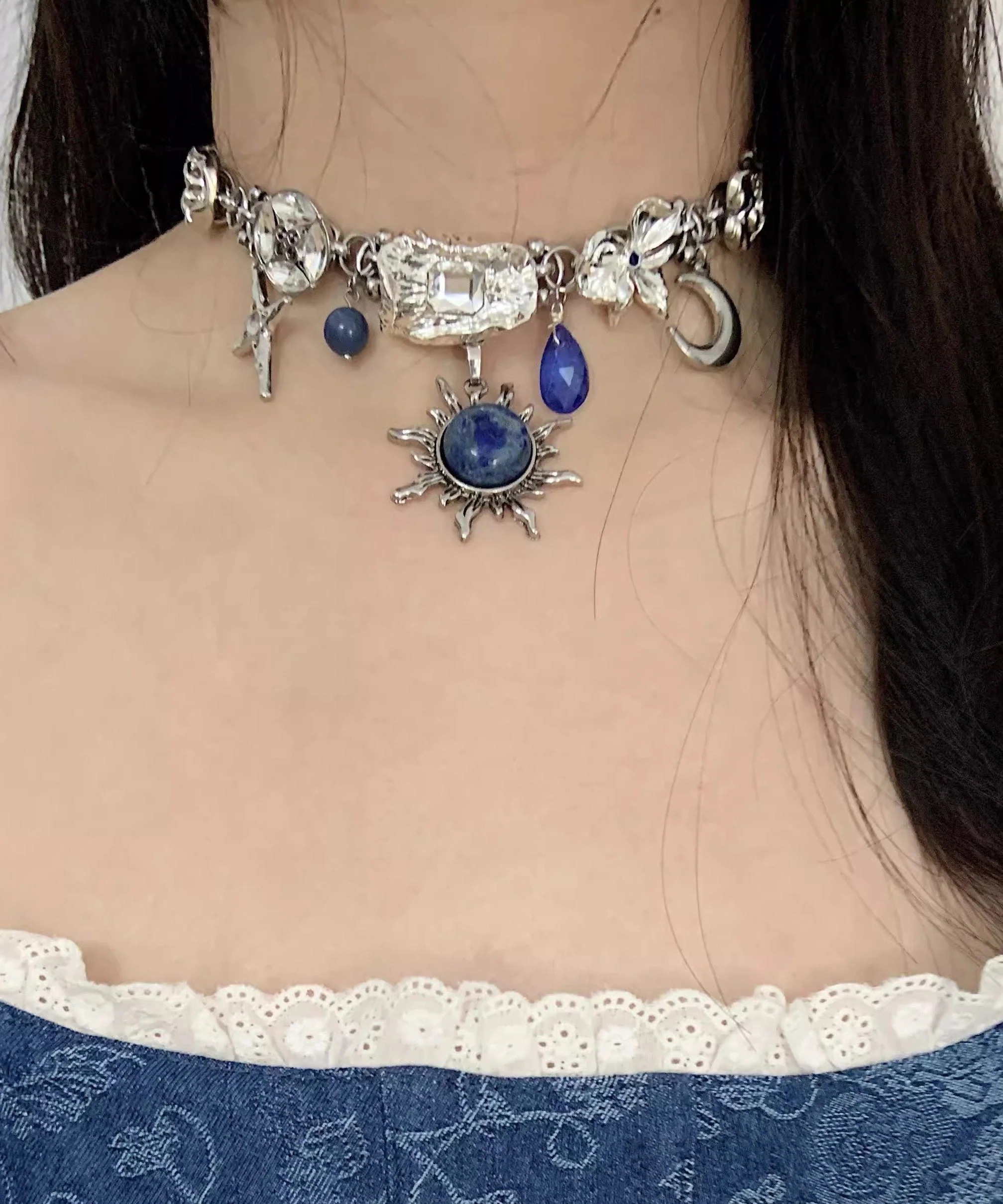 Women Blue Sun Zircon Moon Alloy Pendant Choker - Image 4