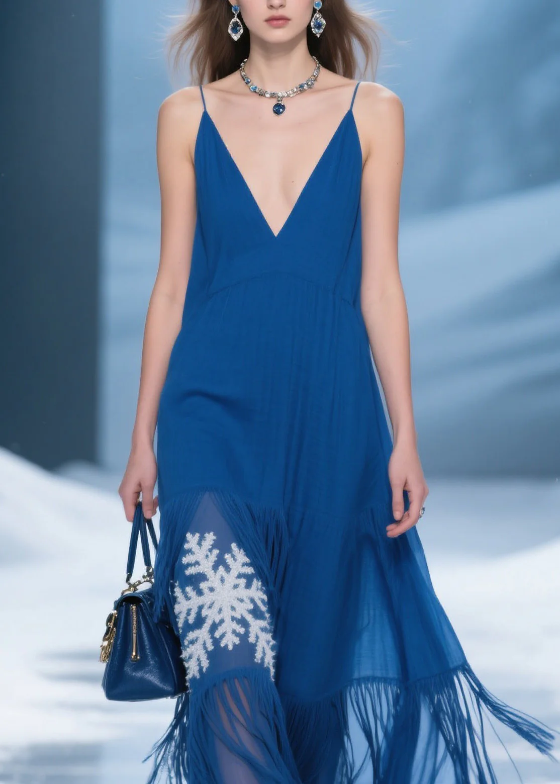 Women Blue Tassel Patchwork Spaghetti Strap Dress Summer - Image 2