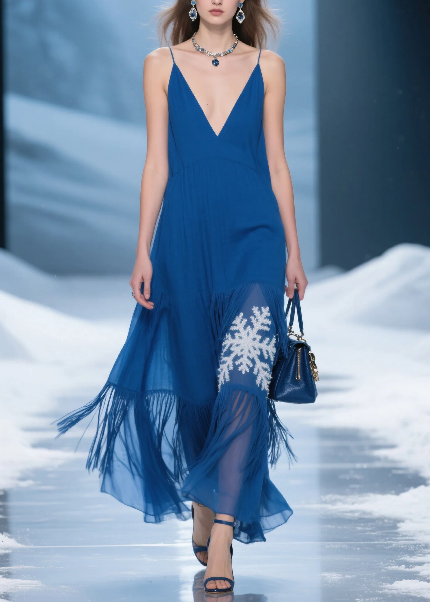 Women Blue Tassel Patchwork Spaghetti Strap Dress Summer - Image 3