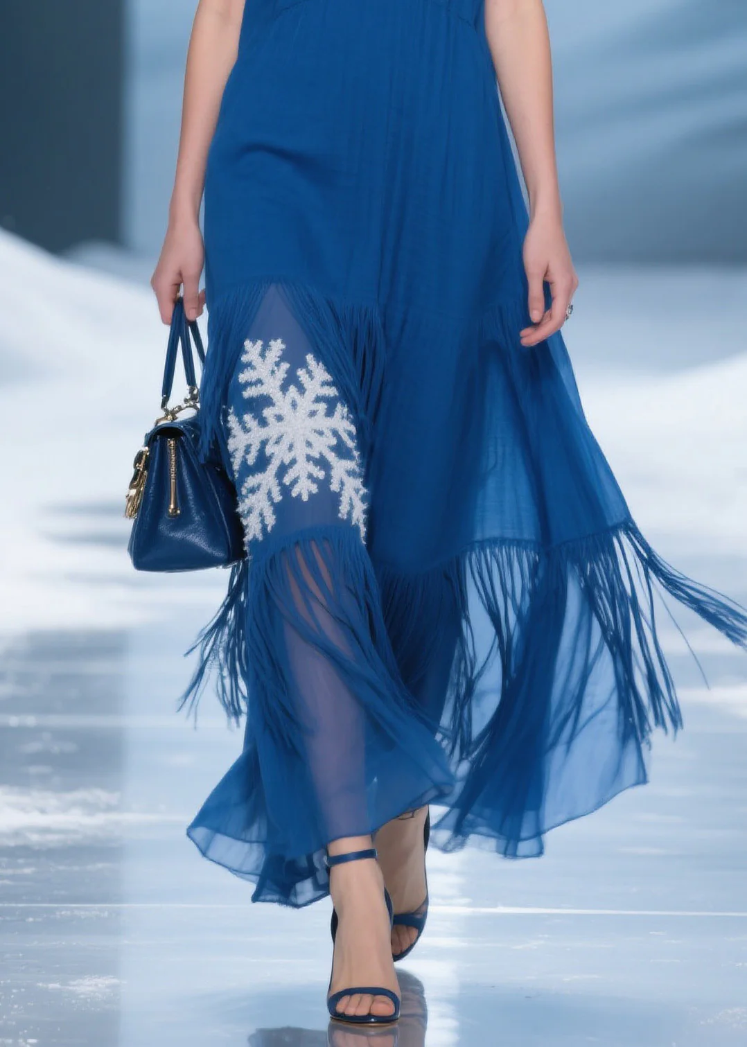 Women Blue Tassel Patchwork Spaghetti Strap Dress Summer - Image 4