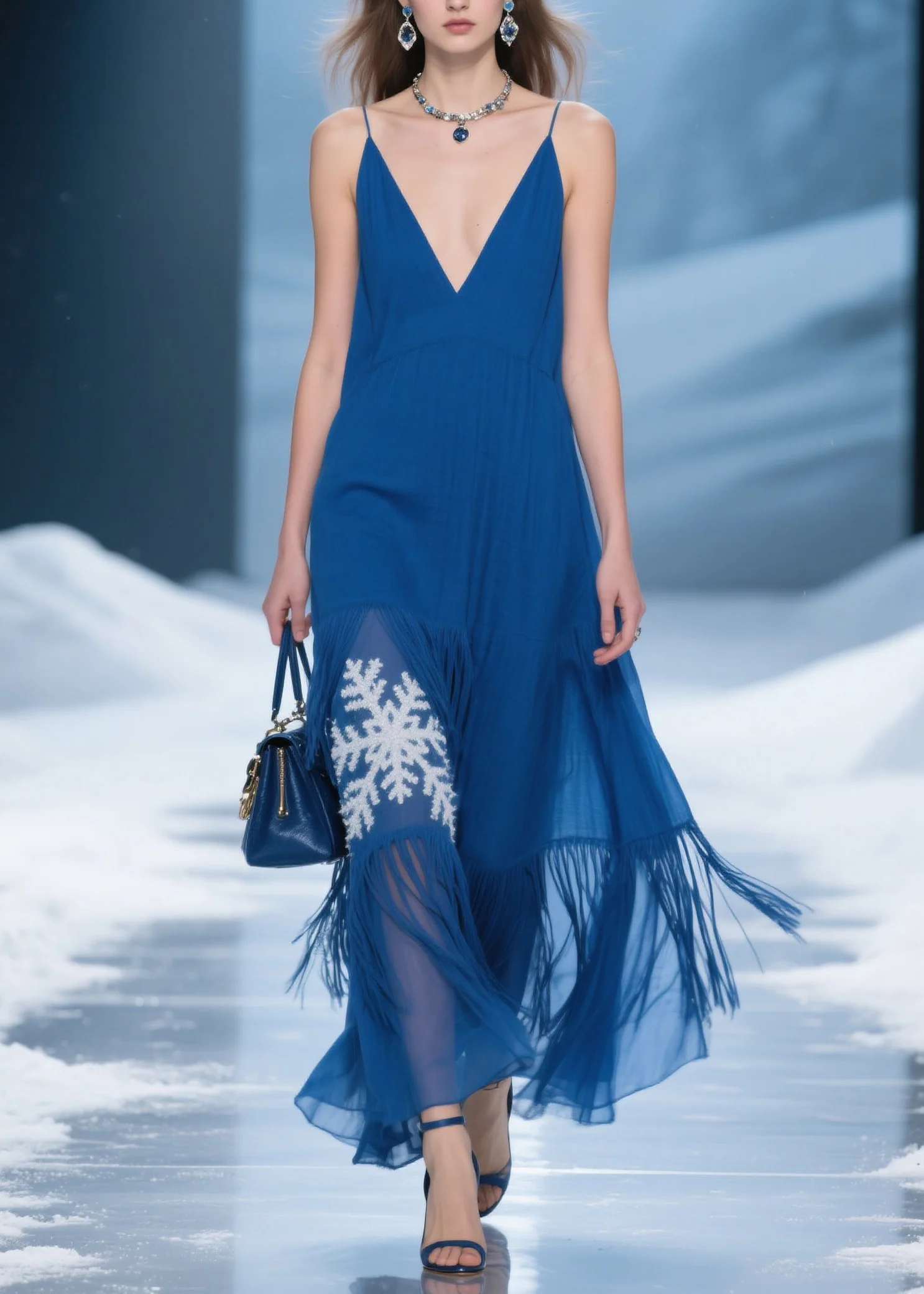 Women Blue Tassel Patchwork Spaghetti Strap Dress Summer - Image 5