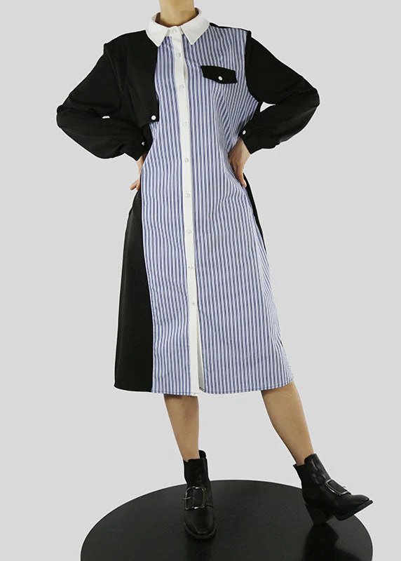 Women Blue tie waist Peter Pan Collar Striped Patchwork shirt Dresses Spring - Image 2
