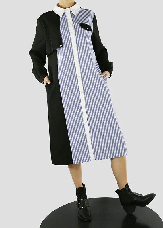 Women Blue tie waist Peter Pan Collar Striped Patchwork shirt Dresses Spring - Image 3