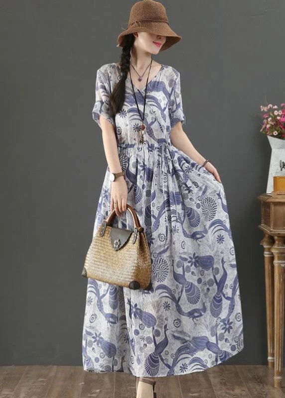 Women Blue Tie Waist V Neck Print Linen Maxi Dress Short Sleeve - Image 2