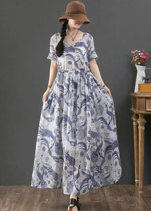 Women Blue Tie Waist V Neck Print Linen Maxi Dress Short Sleeve - Image 3