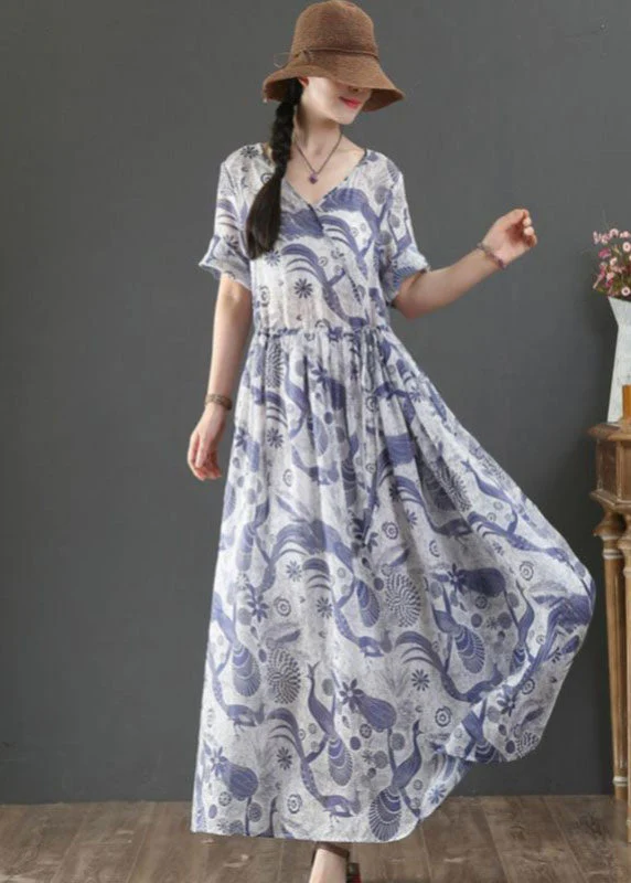 Women Blue Tie Waist V Neck Print Linen Maxi Dress Short Sleeve - Image 4
